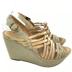 Born womens sandals size 8 green tan leather platform wedges